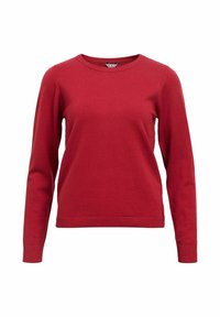 Pull rouge à manches longues, encolure ronde et ourlet côtelé. Fabriqué en tissu doux avec une texture lisse. Aucune motif ou élément en métal visible.