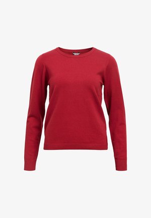 Sarkana džemperis ar garām piedurknēm, apaļu kakla izgriezumu un ribotu maliņu. Izgatavots no mīksta auduma ar gludu tekstūru. Nav redzamu rakstu vai piederumu.