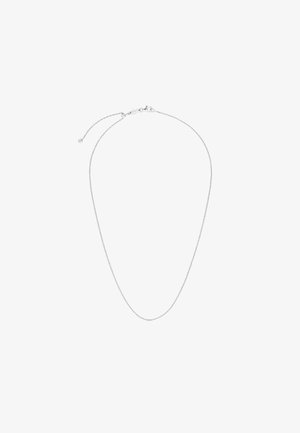 Collar de cadena de plata con un diseño delicado, eslabones finos y cierre de langosta. Longitud ajustable con un acabado suave.