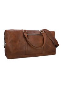 Sac de voyage en cuir marron avec une texture lisse, deux poignées, une sangle réglable et une poche zippée à l'avant. Forme rectangulaire.