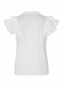 Blusa bianca senza maniche con dettagli a volant sulle spalle e una sottile texture, mostrata da dietro su uno sfondo neutro.