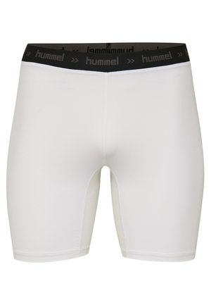 Hvide sportsshorts med en sort elastisk talje, der har "hummel" branding. Lavet af glatt stof med et tætsiddende design.