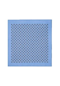 Niebieski szalik z geometrycznym wzorem złożonym z małych czarnych kwadratów i kropek. Gładka tekstura z jednolitym obramowaniem.