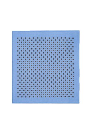 Niebieski szalik z geometrycznym wzorem złożonym z małych czarnych kwadratów i kropek. Gładka tekstura z jednolitym obramowaniem.