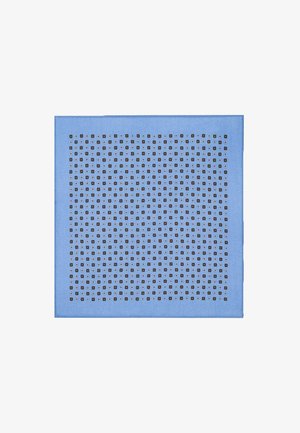 Niebieski szalik z geometrycznym wzorem złożonym z małych czarnych kwadratów i kropek. Gładka tekstura z jednolitym obramowaniem.