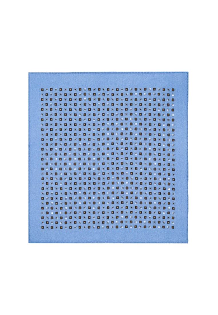 Niebieski szalik z geometrycznym wzorem złożonym z małych czarnych kwadratów i kropek. Gładka tekstura z jednolitym obramowaniem.