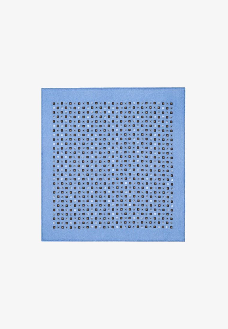 Niebieski szalik z geometrycznym wzorem złożonym z małych czarnych kwadratów i kropek. Gładka tekstura z jednolitym obramowaniem.