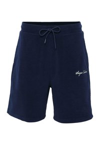 Pantaloni corti blu navy in morbido tessuto, con una vita elastica dotata di cordoncino, tasche laterali e un discreto logo sul davanti.