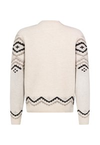 Crème-kleurige trui met geometrische zwarte en grijze patronen op de mouwen, voorzien van een ronde hals en geribbelde boorden en zoom.