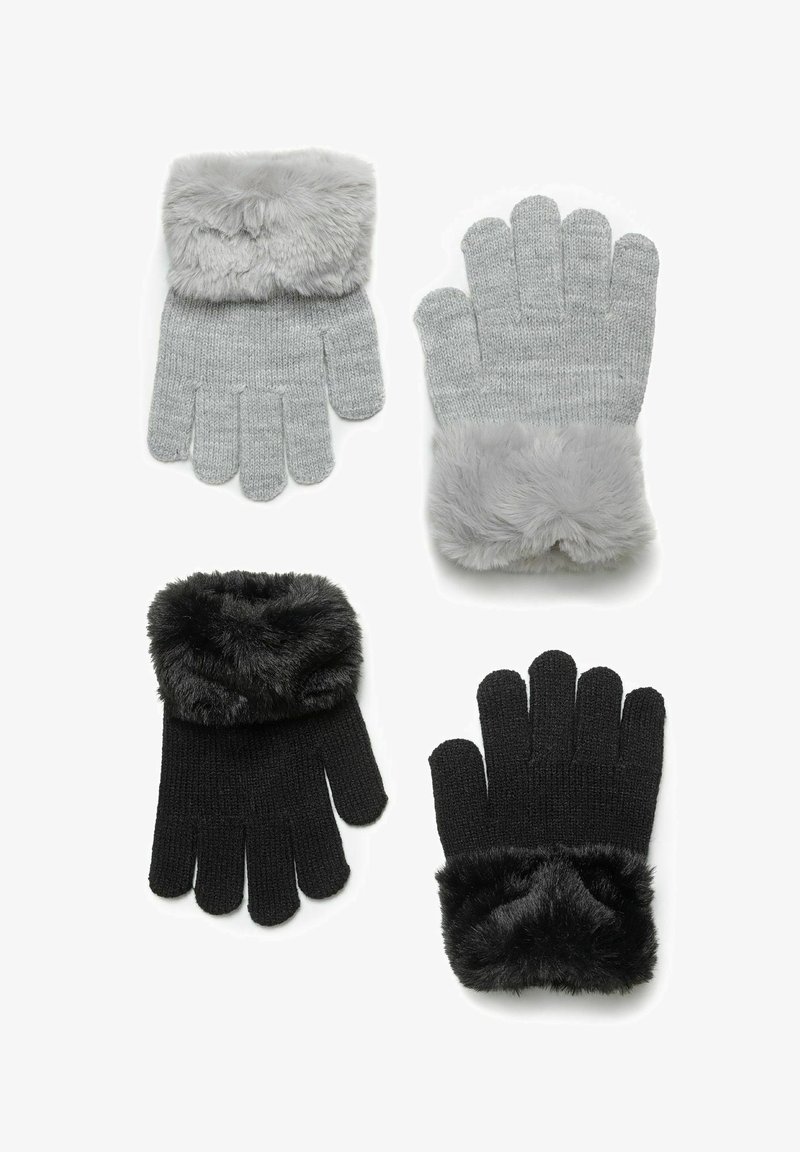 Guantes de lana en gris y negro con puños de piel sintética de peluche. El par gris presenta un puño gris claro, mientras que el par negro tiene un puño más oscuro.