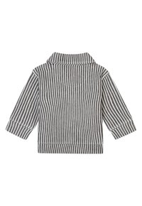 Grau- und weiß gestreiftes Langarmhemd mit Kragen, das einen lockeren Schnitt und aufgerollte Ärmel bietet. Weicher Stoff mit einer glatten Textur.
