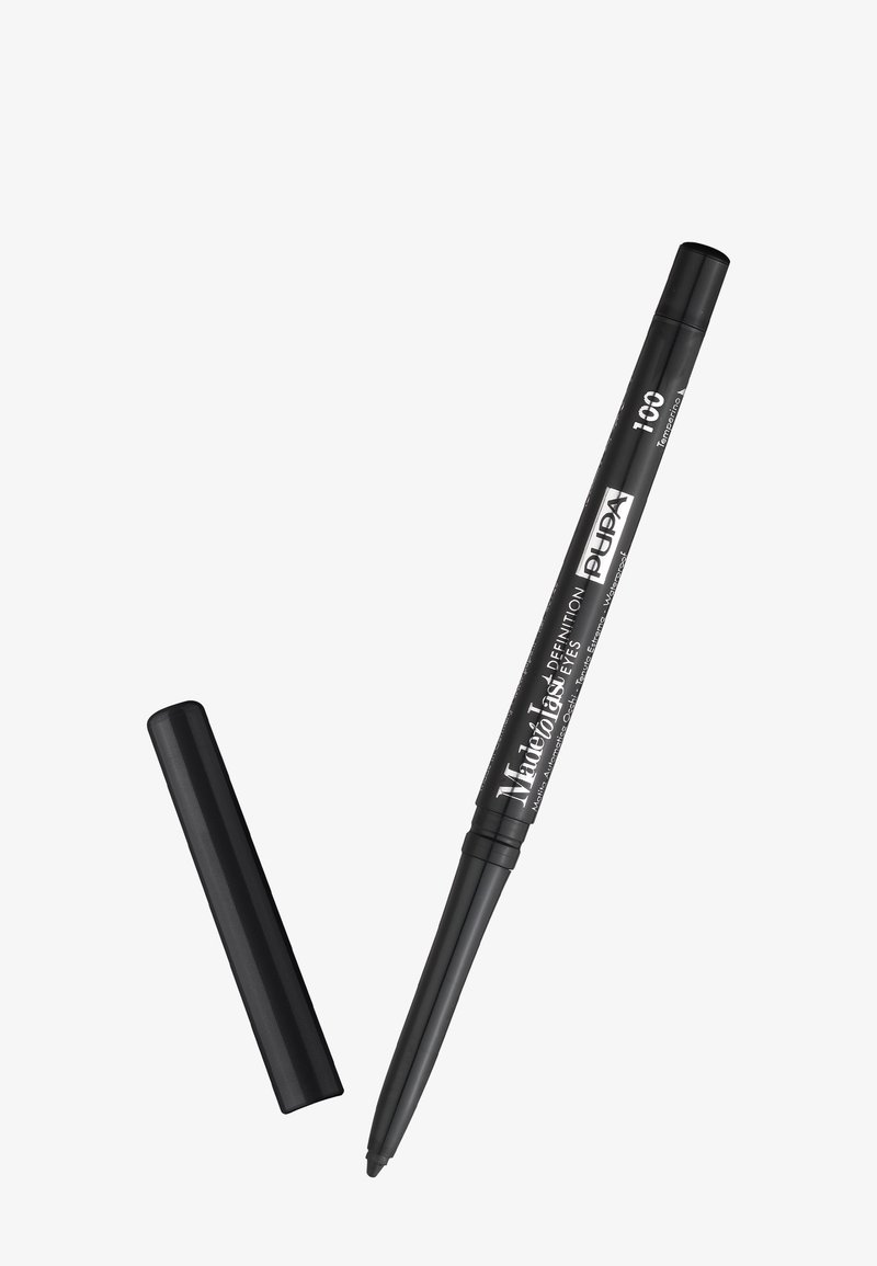 Czarny ołówek do oczu z wysuwanym mechanizmem. Smukły korpus i nakrętka z białym nadrukiem na boku. Gładkie matowe wykończenie.