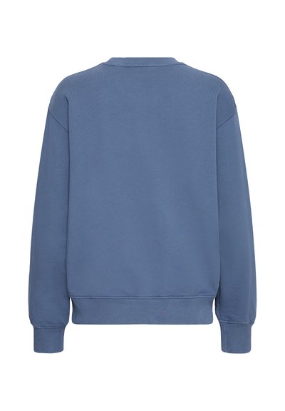 Sweat-shirt bleu avec un col rond, des manches longues et des poignets côtelés. Texture lisse et coupe décontractée sans motifs ni ornements.