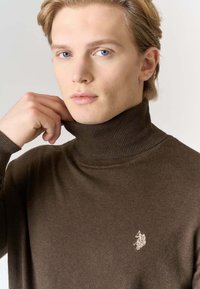 Maglione collo alto marrone in tessuto morbido, con collo a coste e piccolo logo decorativo sul petto. Texture liscia e design aderente.