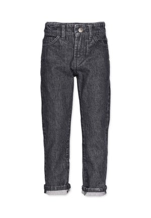 Mørkegrå denimjeans med foldede opkantede ben, forlommer, bæltestropper og en metalknaplukning ved taljen.