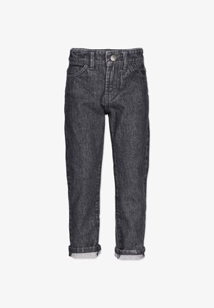 Mørkegrå denimjeans med foldede opkantede ben, forlommer, bæltestropper og en metalknaplukning ved taljen.