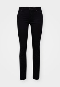 Pantaloni elasticizzati neri con una vestibilità slim. Presentano una chiusura con bottone, passanti per la cintura e tasche frontali. Texture liscia senza motivi visibili.