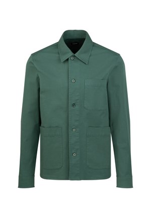 Grüne Baumwollhemdjacke mit spitzem Kragen, Knöpfen vorne, langen Ärmeln und zwei Vordertaschen. Glatte Textur, minimalistisches Design.
