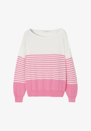 Kootud sviiter kreemjas toonis, roosa triibulise mustriga ja ühtlaselt roosa alumise osaga. Omab avarat kaelust ja kitsenevaid pikki varrukaid.