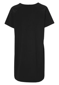 Sort t-shirt med korte ærmer, rund halsudskæring, lige skæring og sideskæringer. Lavet af blødt stof med en glat tekstur.