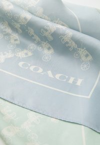 Light blue silk scarf featuring a white, repeated carriage and horse design, with "COACH" logo in bold white text at center.