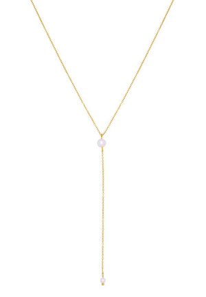 Delikatna zlatna lančić ogrlica s jednom bijelom perlicom u sredini i jednom malom bijelom perlicom na visećem kraju.
