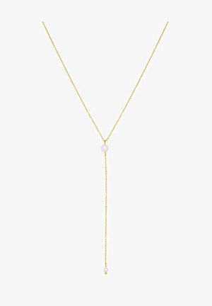 Delikatna zlatna lančić ogrlica s jednom bijelom perlicom u sredini i jednom malom bijelom perlicom na visećem kraju.