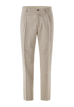 Beige, maßgeschneiderte Hose mit dezentem Karomuster, vorderen Bügelfalten, Gürtelschlaufen, Knopfverschluss und geradem Bein.