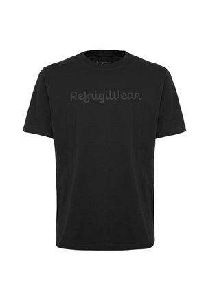 T-shirt nera a maniche corte in cotone, con il logo "RefrigWear" leggermente in rilievo stampato sul davanti in una tonalità scura abbinata.