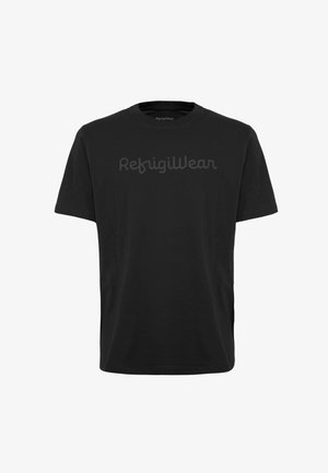 T-shirt nera a maniche corte in cotone, con il logo "RefrigWear" leggermente in rilievo stampato sul davanti in una tonalità scura abbinata.