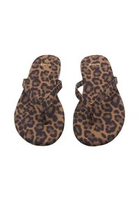 Leopard print flip flops with brown and black tones. Textured rubber sole and thin straps for easy wear. Brand logo displayed on top.