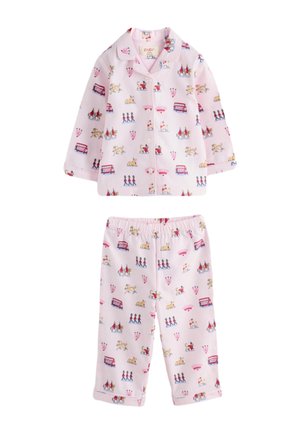 Hellrosa Kinderpyjama mit Knöpfen, verziert mit Mustern von Doppeldeckerbussen, Hunden, Fächerformen und Spielzeugsoldatenfiguren.