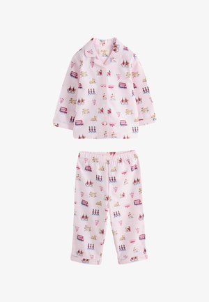 Hellrosa Kinderpyjama mit Knöpfen, verziert mit Mustern von Doppeldeckerbussen, Hunden, Fächerformen und Spielzeugsoldatenfiguren.
