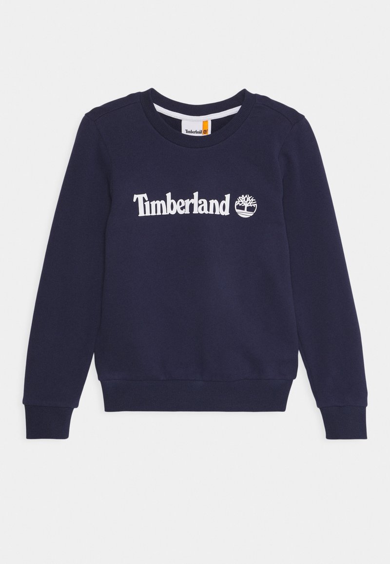 Sweat-shirt bleu marine à manches longues et col rond avec logo Timberland blanc et emblème d'arbre centré sur la poitrine.