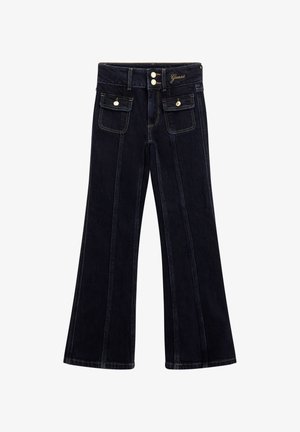 Jeans evazați de culoare albastru închis, cu buzunare frontale și laterale. Confecționați din denim, prezentând cusături contrastante și un bradă cu brand. Închidere cu două butoane.