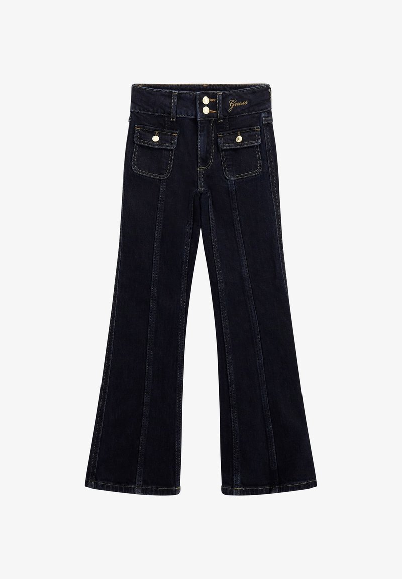 Dark blue flared jeans with front and back pockets. Made of denim, featuring contrast stitching and a branded waistband. Two-button closure.