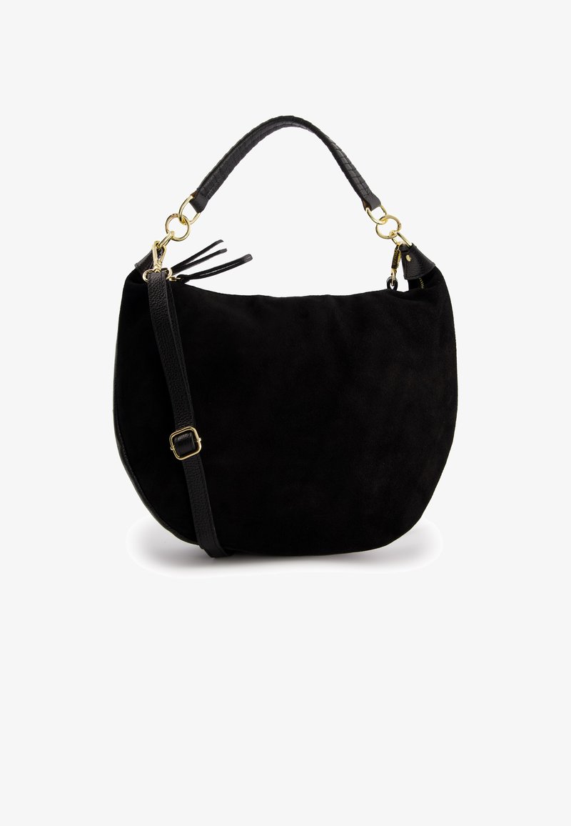 Black suede handbag with a curved shape, featuring a textured black leather strap and gold hardware accents. Includes a detachable adjustable strap.