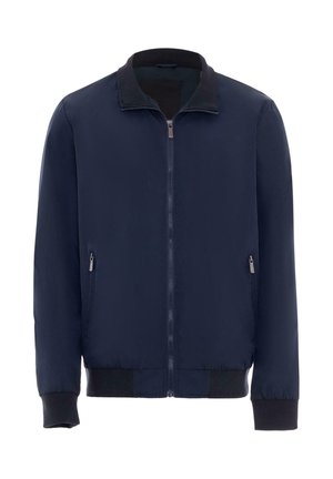 Giacca bomber navy realizzata in materiale leggero, con zip frontale, due tasche laterali e polsini e orlo a coste.