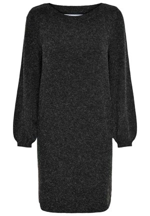 Robe pull en tricot gris foncé à manches longues avec un col rond et des poignets légèrement bouffants.