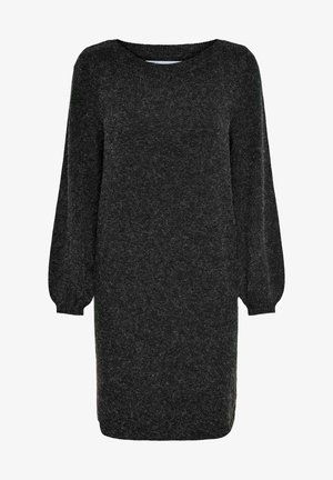 Robe pull en tricot gris foncé à manches longues avec un col rond et des poignets légèrement bouffants.