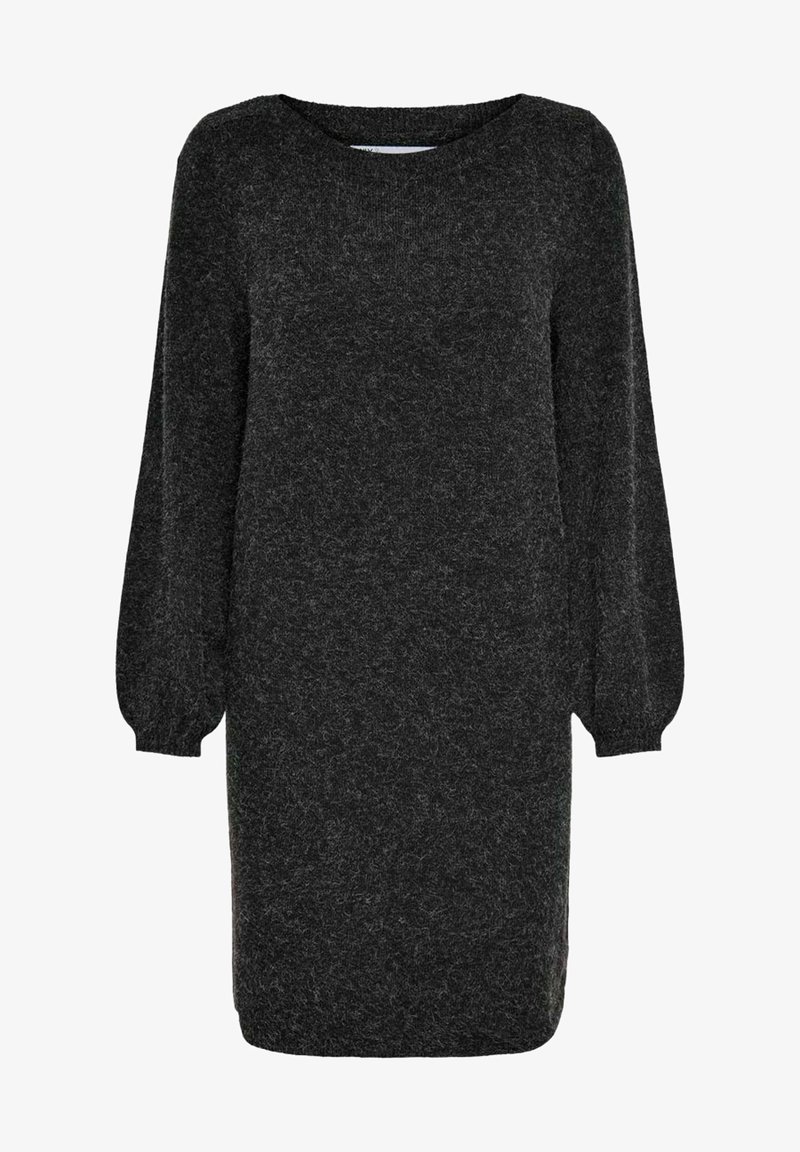 Robe pull en tricot gris foncé à manches longues avec un col rond et des poignets légèrement bouffants.