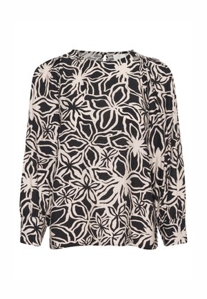 Mustvalge lillemustriga pluus, millel on pikad varrukad, ümar kaelus ja õlgadel peene kogumise detail. Kerge kangas.