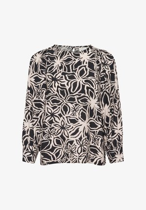Blusa nera e crema con motivo floreale, maniche lunghe, scollo rotondo e delicati dettagli di arricciatura sulle spalle. Tessuto leggero.
