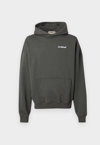 Charcoal gray hooded sweatshirt made of soft fabric, featuring a front pocket and a white logo on the left chest area. Long sleeves with ribbed cuffs.