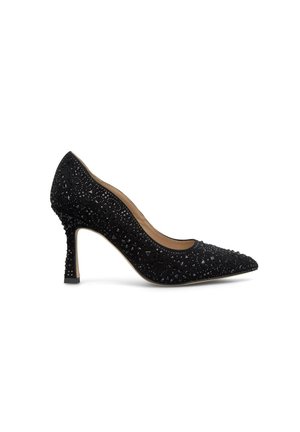 Escarpin noir à bout pointu, orné de clous texturés et scintillants. Intérieur lisse avec un talon fin pour plus de hauteur et de stabilité.