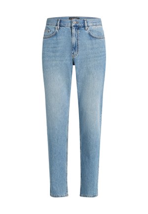 Lichtblauwe denim jeans met een relaxed fit, vijf zakken ontwerp en subtiele wassing. Bevat een merklabel nabij de taille.