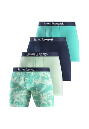 Vier Herren-Boxershorts in Türkis, Navy, Hellgrün und grünem Palmenblattmuster, jeweils mit einem schwarzen Bund mit der Marke "bruno banani."