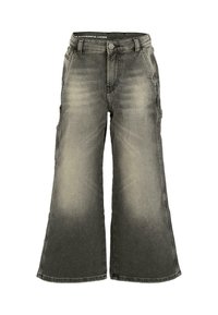 Szerokie, wyblakłe czarne dżinsy z delikatnym efektem ombre, z zapięciem na guziki, kieszeniami i swobodnym stylem. Wykonane z materiału dżinsowego.