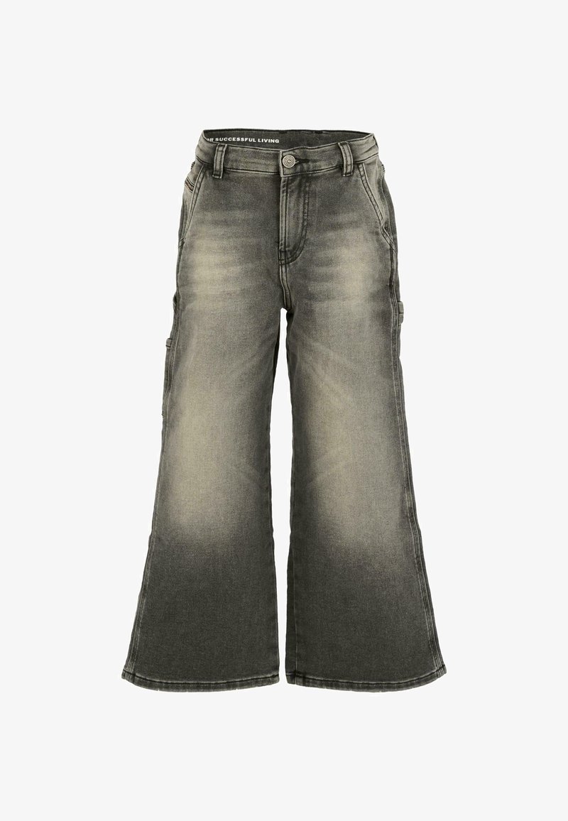 Szerokie, wyblakłe czarne dżinsy z delikatnym efektem ombre, z zapięciem na guziki, kieszeniami i swobodnym stylem. Wykonane z materiału dżinsowego.