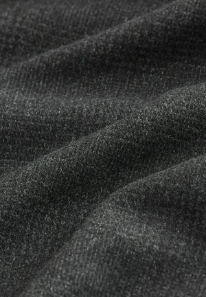 Dark gray textured fabric with fine, soft fibers showing a subtle woven pattern. The material appears to have a smooth, slightly reflective surface.